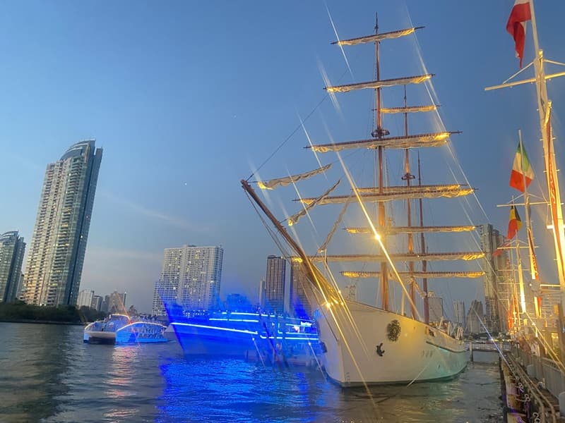 tall boat used as a restaurant is moored in the dock at asiatique the river front
