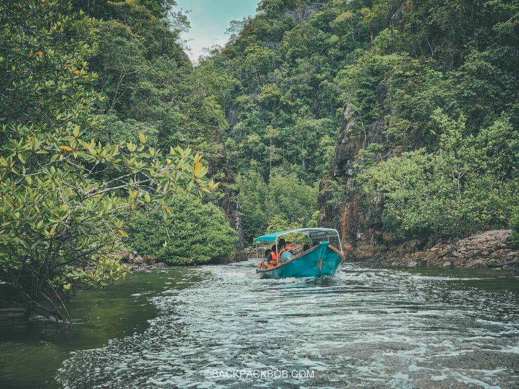 Langkawi Mangroves Tour a blue boat maneuvers through the tight amazon canal with tourists on board