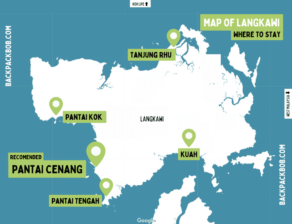 Langkawi Accommodation Map. Map shows the best places and areas to stay in Langkawi.