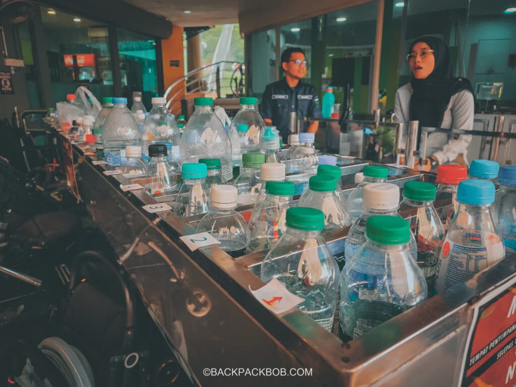 Confiscated bottles of drinking water at the Langkawi Skycab - it is prohibited to bring drinking water with you