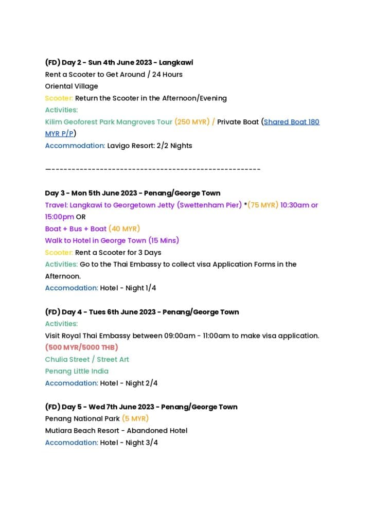Backpack bobs Malaysia itinerary the image is a screen from of the first edition written and color coded
Malaysia itinerary planning the written itinerary which has a list of costs and suggests best tourist places in Malaysia - Page 2 of 2