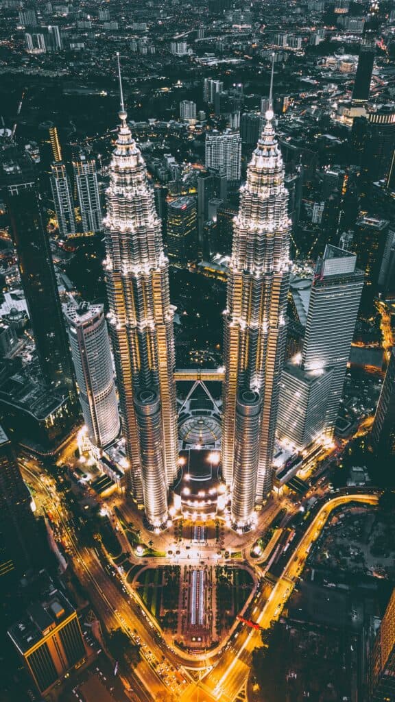 drone photo of Petronas towers Kuala Lumpur