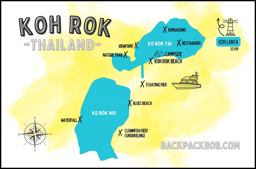 Map of koh rok ko rok thailand island showing locations of beachsnorkel waterfall campsite viepoint nature trails
