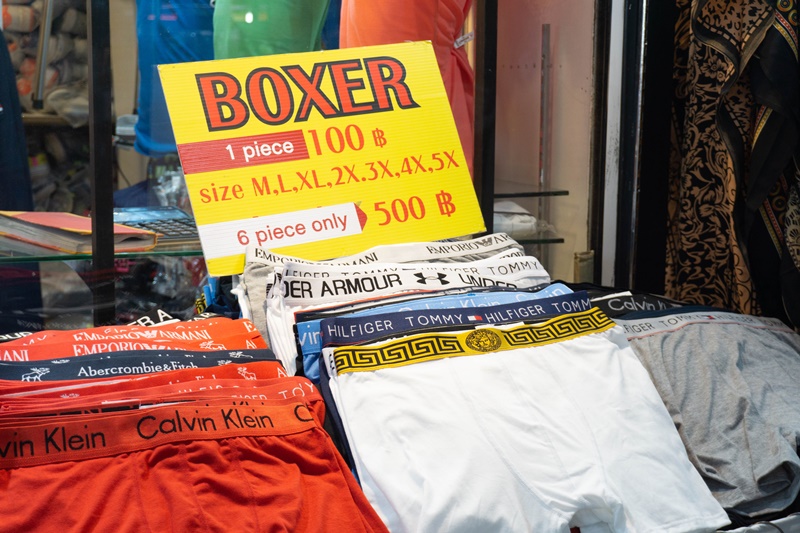 branded boxer shorts on sale at the MBK Center in Bangkok