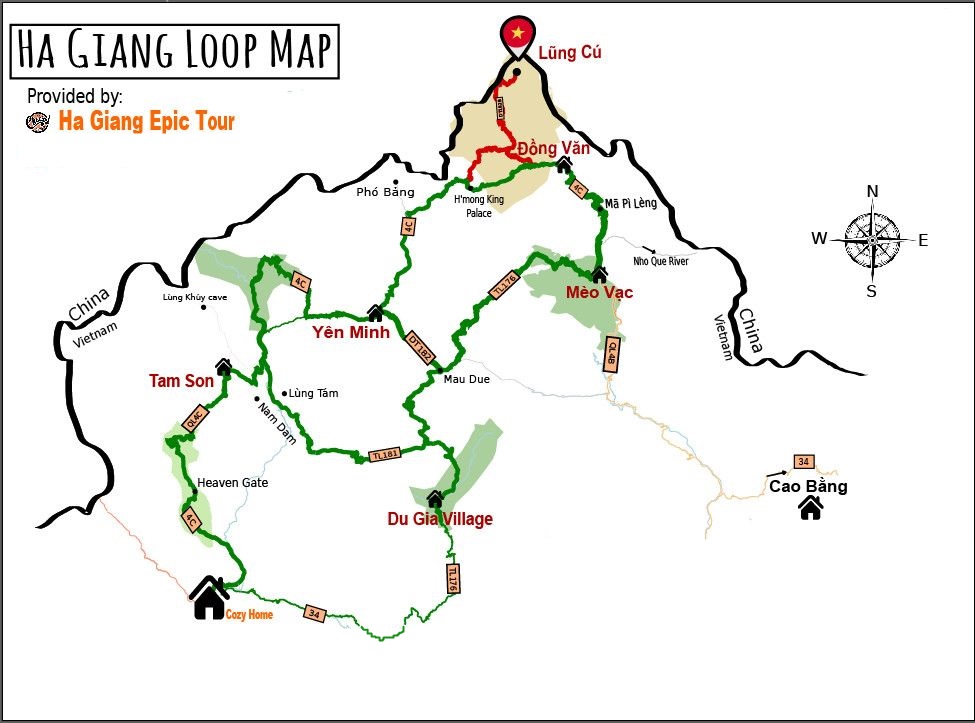 map of the route for tourists to follow to ride ha giang loop motorbike tour in vietnam