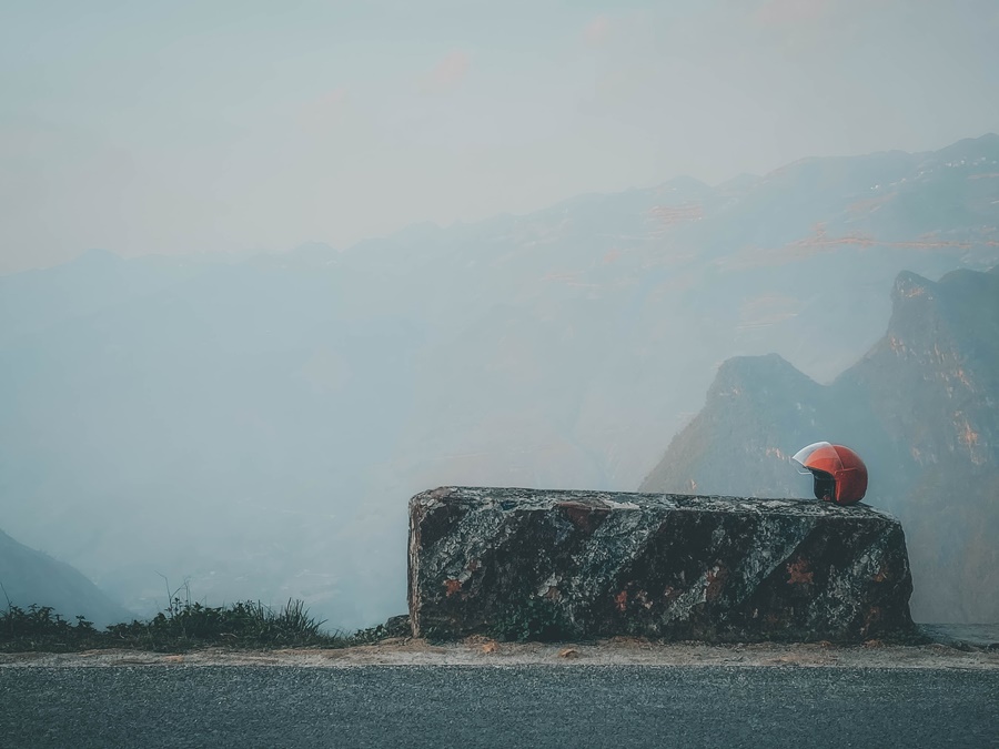 motorcycle helmet on barrier at the ha giang loop vietnam