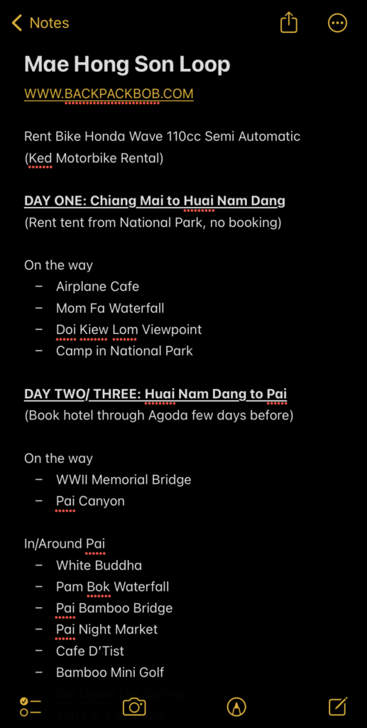 Mae hong son loop screenshot of working out from itinerary planning from iCloud notes on phone part 1