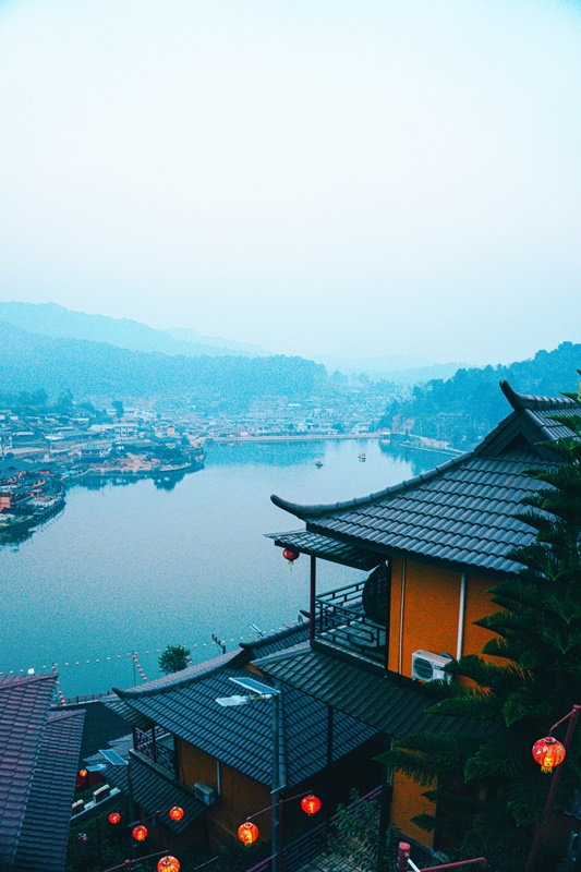 ariel view of baan rak thai chinese village lake