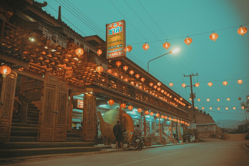 quiet street in baan rak thai village tea cafe