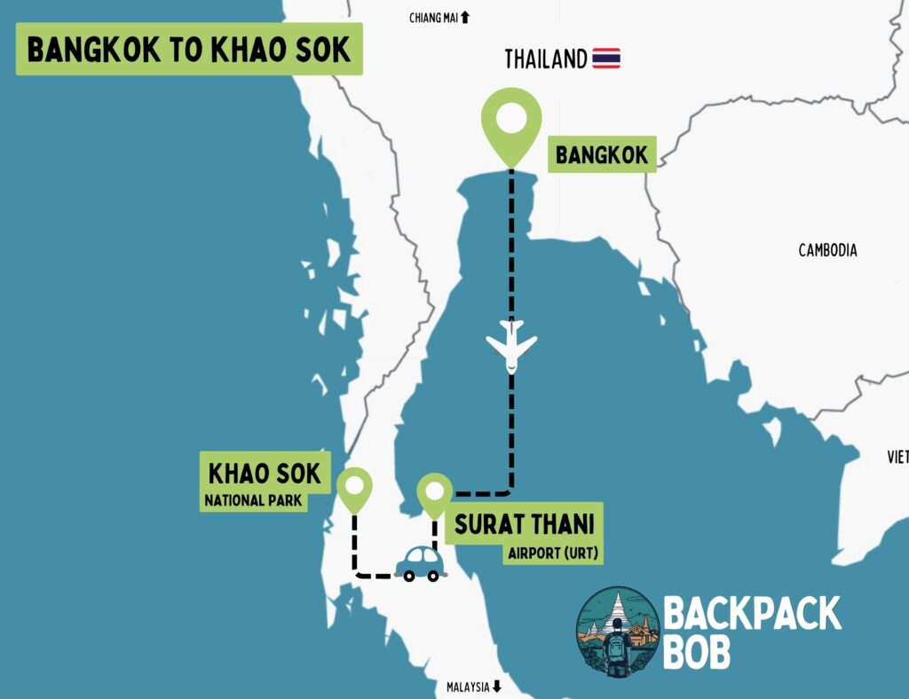 two 2 week thailand itinerary backpackbob map showing how to get from bangkok to khao sok national park