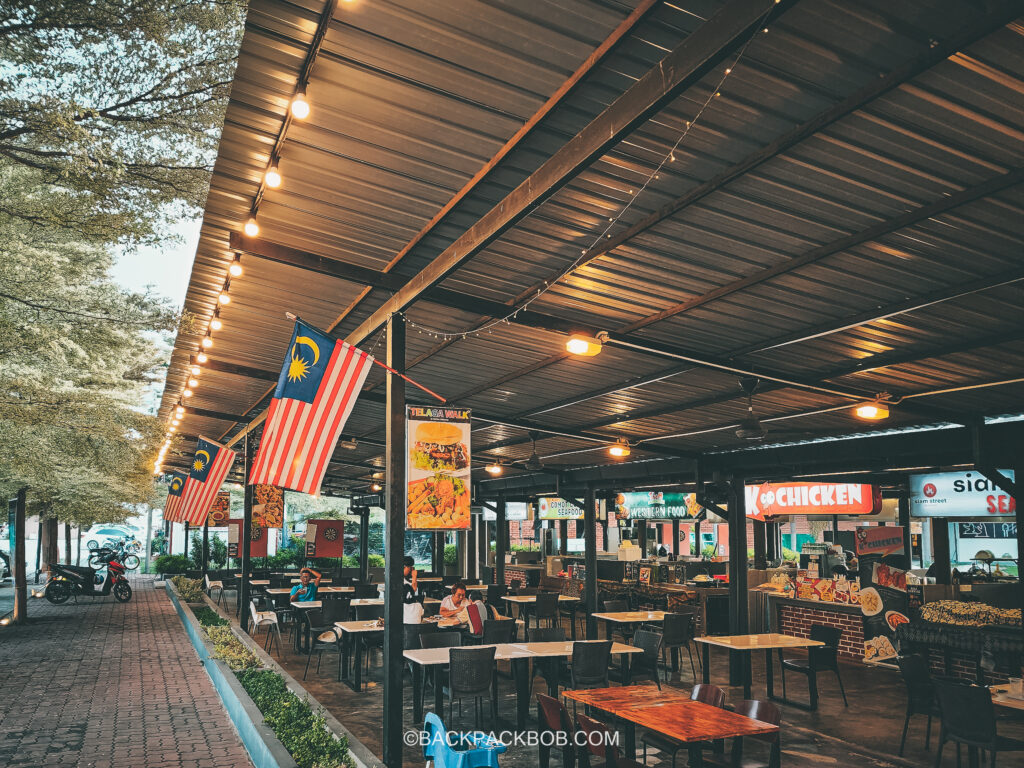 Local Night market Restaurants in Langkawi with Malaysia Flags Outside