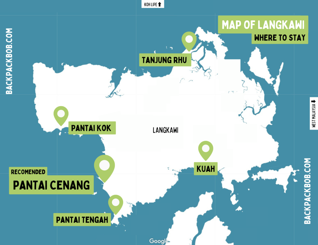 Langkawi Accommodation Map. Map shows the best places and areas to stay in Langkawi.