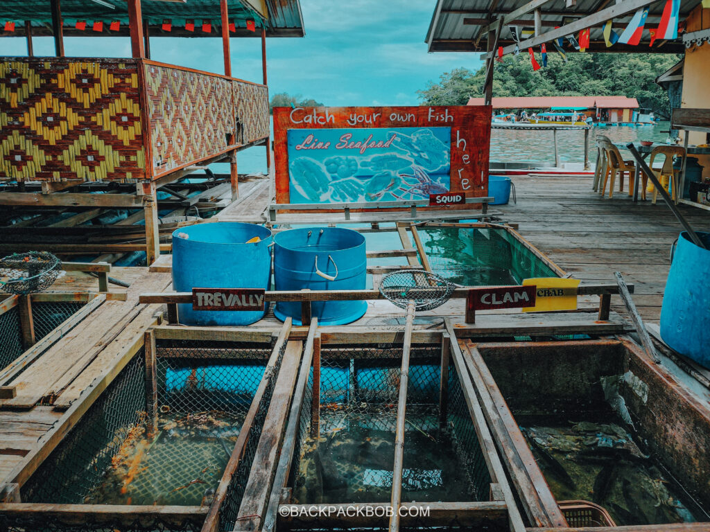 eating lunch at the floating restaurant in Langkawi fish farm on mangrove tour