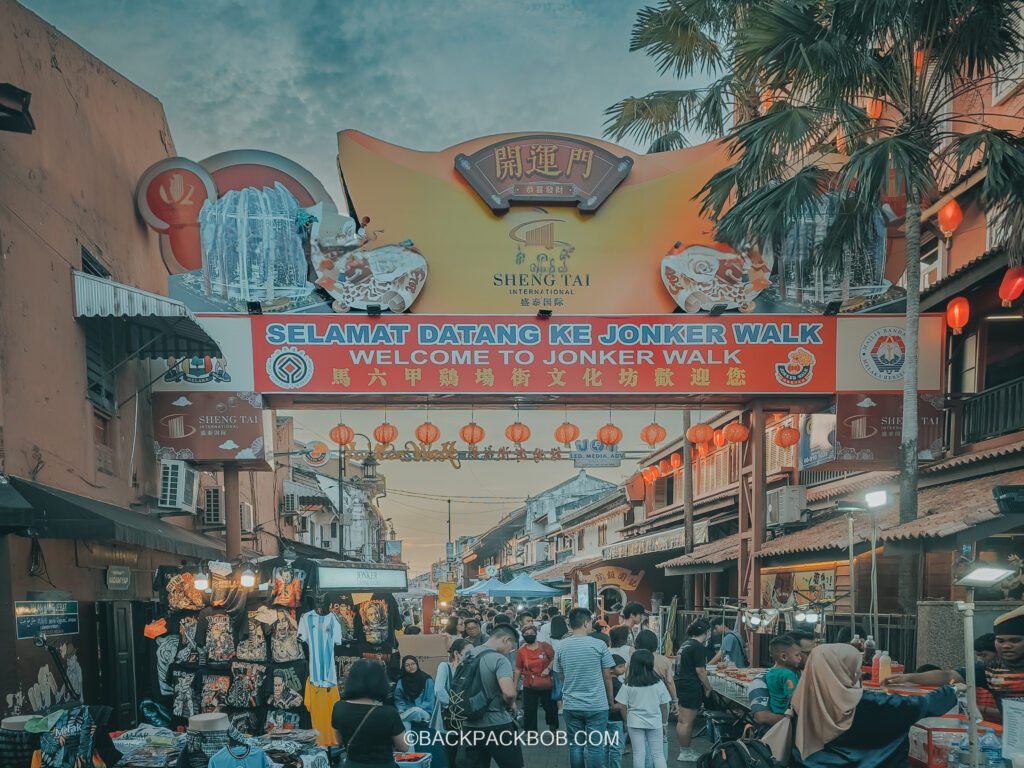 Selamat Datang Ke Jonker Walk Sign in Bahasa Malaysia Welcome to Jonker Street arched sign marks the entrace to Jonker Street Weekend Market