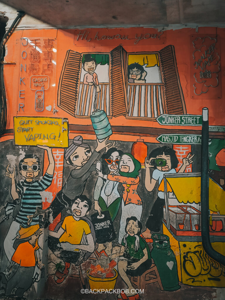 Street art, wall art. graffiti art on shop front on Jokenr Street Jonkers Street Market | Jonkers Street Weekend Market | Jonkers Street Night Market | Jonkers Street Market in Melaka