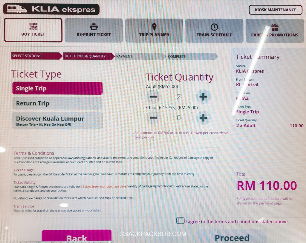 A photo of the ticket machine kiosk in KL Sentral train station, the photo shows the checkout screen and displays that a single trip ticket to KLIA airport costs 55 ringgit