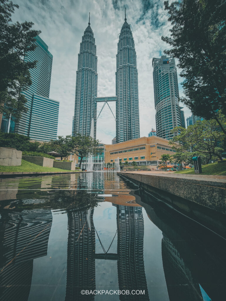 Photo of Petronas Towers taken from KLCC Park which is a free place to visit in Kuala Lumpur