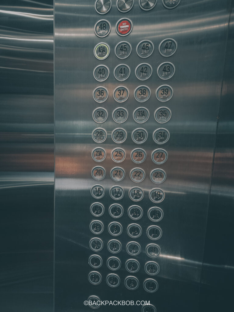 A elevator switch panel in a Kuala Lumpur hotel. The number 4 is unlucky in Kuala Lumpur and all buttons which have the number 4 have been removed