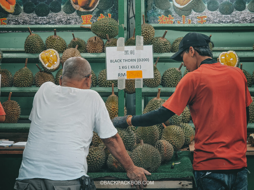 Durians being sold at the Kuala Lumpur market