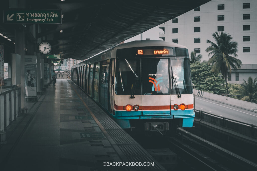 Saphan Takisin BTS Train Station Platform there is a skytrain in the tropical station