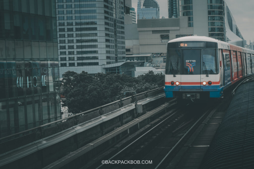 An old style BTS Skytrain on the rails at Siam Station