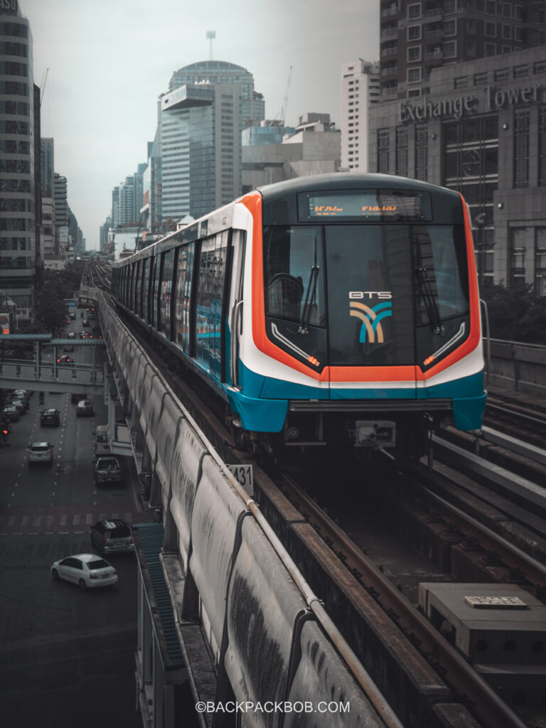 a BTS Skytrain leaving the station at Siam Bangkok