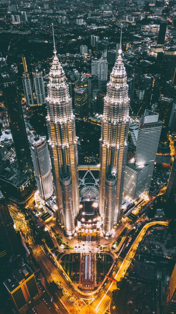 drone photo of Petronas towers Kuala Lumpur