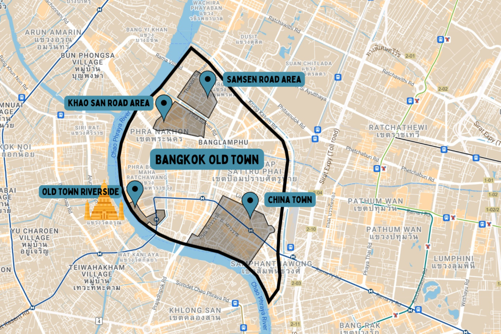 A where to stay in Bangkok Map, designed by Backpack Bob the map shows the outline of Bangkok Old Town (Sometimes known as Rattanakosin Island) On the map, and inside this area there are four other places marked out: these are: China Town, Samsen Road, Khao San Road, and Khao San Road Area the Old Town Riverside area and Wat Arun Temple.