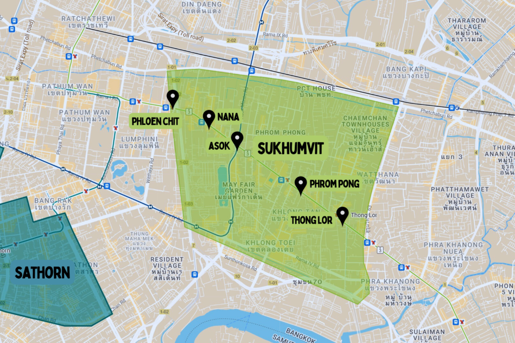A Map Of Bangkok With the Sukhumvit Area Highlighted. Five neighborhoods are pin marked as great places to stay in Bangkok. These are, Phloen Chit, Nana, Asok, Asoke, Phrom Pong, Thong Lor and Sukhumvit. Sathorn is also highlighted.