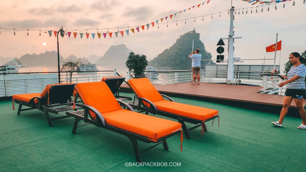 sun loungers on the sun deck on a halong bay boat cruise