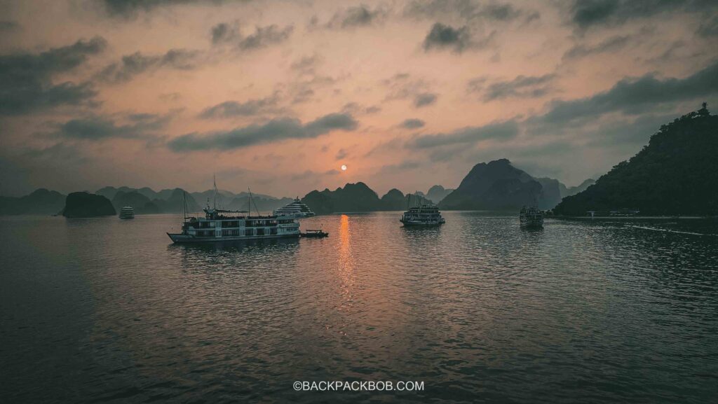 sunset photo in halong bay taken from the ha long bay overnight boat cruise tour vietnam