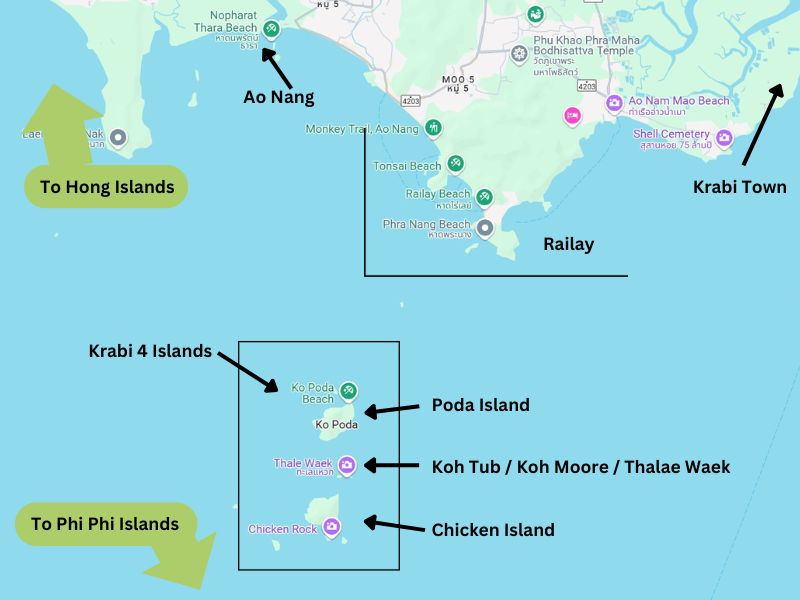 map showing location of the krabi 4 islands and distance from the pier